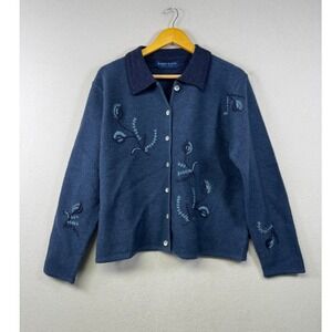 Karen Scott Pure Wool Cardigan Women XL Blue Vintage Embroidered Australia Made